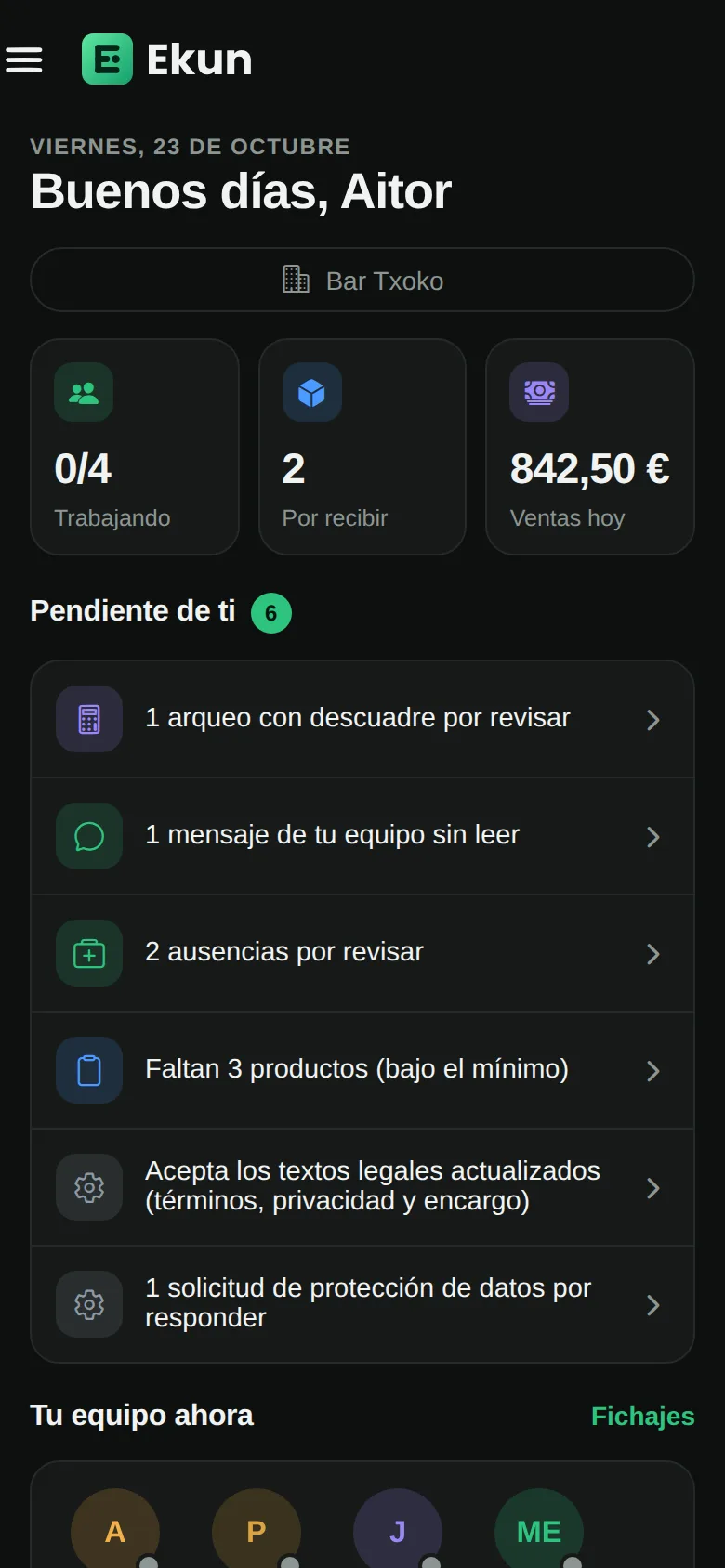 Pantalla de inicio de Ekun: quién está trabajando, pedidos por recibir, ventas de hoy y lo pendiente.