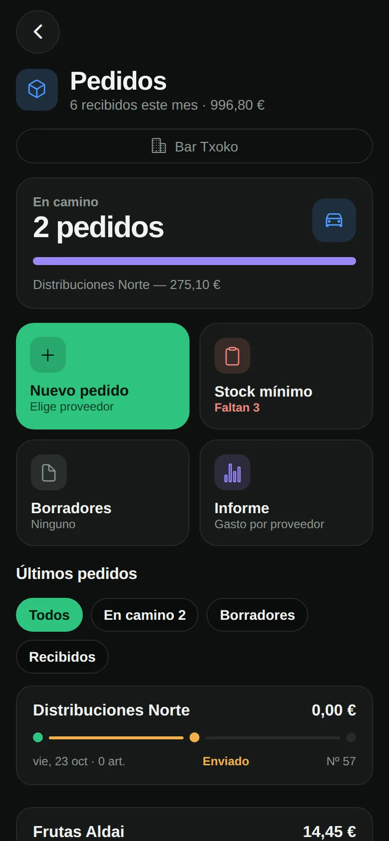 Pantalla de pedidos de Ekun: un pedido en camino, nuevo pedido, stock mínimo, borradores e informes.